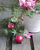 Hyazinthe (Hyacinthus) und kleine Weihnachtskugeln auf rustikalem Holztisch