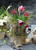 DIY-Vasen aus Weckglas mit Sackstoff und Frühlingsblumen, Küchenschelle (Pulsatilla)
