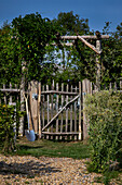 Holzgartentor mit Kletterpflanzen und Gartenwerkzeug an Zaun