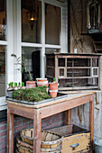 Rustikaler Gartentisch mit alten Tontöpfen und Pflanzen vor einem Fenster