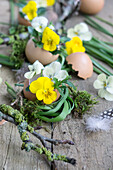 Eggshells with horned violets and wreaths of grape hyacinth leaves