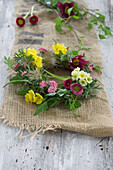 Wreath of spring flowers, forget-me-nots (Myosotis), pasque flowers (Pulsatilla), primroses (Primula) and bellis on a jute sack