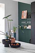 Kitchen with green accent wall and wall shelves