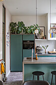 Kitchen with green fronts, potted plants and hanging lamps