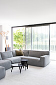 Spacious, bright living room with grey corner sofa and floor-to-ceiling windows