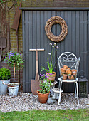 Garden shed with decorative wreath, zinc pots, clay pots and cast iron chair