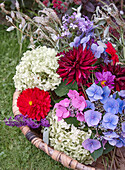 Bouquet with dahlias, hydrangea and summer lilacs