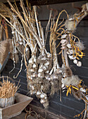 Dried garlic bundles and twigs on a dark brown wooden wall