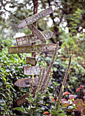 Wooden signpost in the garden with handwritten signs and tall flower stalks