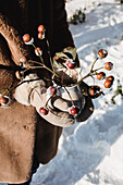 Hands holding vase with rosehip branches, snowy surroundings