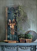 Decorative goat head sculpture and plants on a mantelpiece