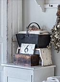 Rustic wooden decoration on a white cupboard