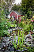 Summer garden idyll with pond and red garden shed