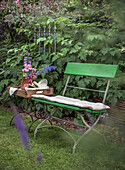 Green garden bench with cushions and wooden tray with flower arrangement