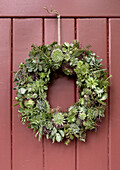 Wreath of succulents on a red wooden door