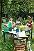 Kinder beim Pflanzen von Gemüsepflanzen