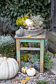 Herbstliches Kürbis- und Blumenarrangement auf rustikalem Holzhocker im Garten