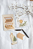 Christmas greetings cards and decorations with white berry branches