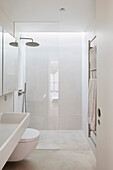 Modern bathroom with glass shower and white interior