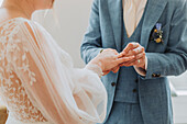 Bride and groom putting on wedding rings