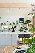 Bright kitchen with cooking island, bar stools and plants