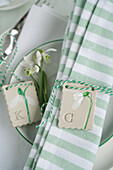 Striped cloth napkin and DIY pendant with snowdrops and letters