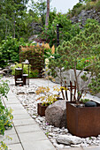 Modern rock garden with pine tree in steel planter box