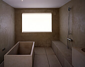 Minimalist bathroom with built-in bathtub and shower corner