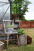 Vintage garden chair with plant pot and basket on the lawn by the greenhouse