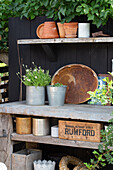 Planting table with clay pots and plants in zinc containers