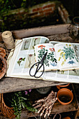 Opened plant identification book and scissors on plant table