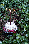 Bundt cake with three candles, icing sugar and redcurrants in the garden