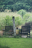 Rustic wooden garden furniture in a wild natural garden