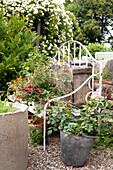 Metal garden bench with flower decoration in a green garden