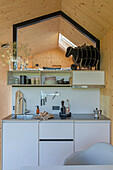 Compact kitchen unit, wood paneling and modern accessories