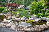 Japanese garden with pond and ornamental shrubs in summer