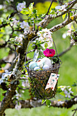 Easter basket with gift tag, painted eggs and flower hanging in the blossoming apple tree