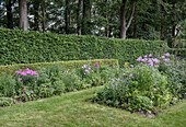 Lush perennial bed with pink and purple summer flowers in the garden