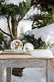 Christmas ice decoration with fir branches in the winter garden