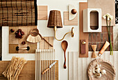 Mood board with natural materials and earthy colours for kitchen decor