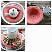 Creative DIY table fountain made from a teapot and bowl