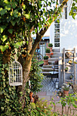 Entrance area with wooden staircase, plants and lattice chair in the garden