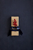 Gift packaging with decorative red berries and black ribbon on a dark background