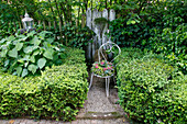 White metal chair with wreath of flowers between boxwood hedges in the garden