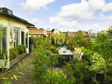 Roof terrace with plants, table, chairs and bench