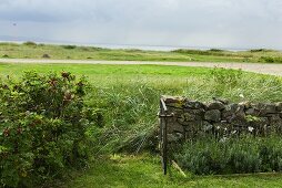 Steinmauer mit offenem Gartentor und Blick über schwedische Landschaft auf das Meer
