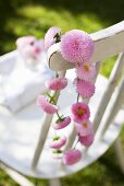 A daisy chain hanging from the back of a chair in a garden