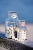 Two storage jars filled with sand and shells