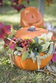Herbstliche Gartendeko mit Kürbissen und Blumen