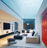 Comfortable, upholstered sofas with cushions in modern living room under glass ceiling panel